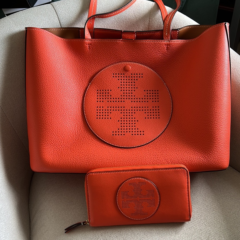 Tory Burch Orange perforated tote bag and wallet